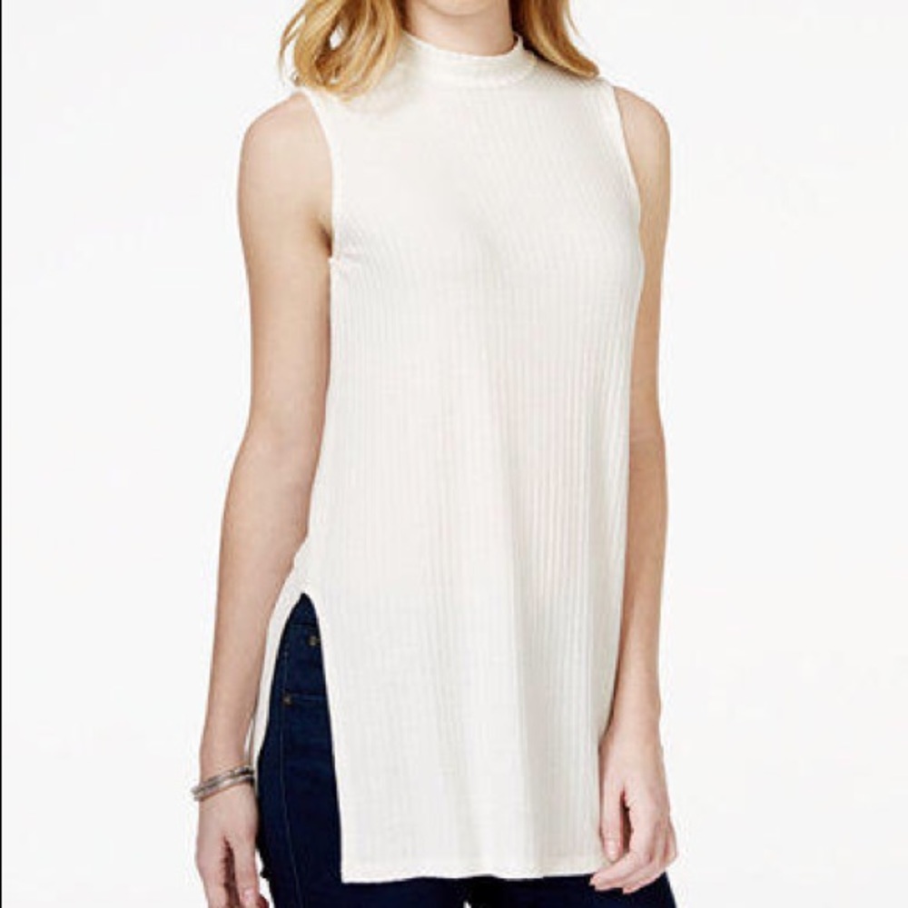 Bar III High Neck Cream Ribbed Long Sleeveless Top